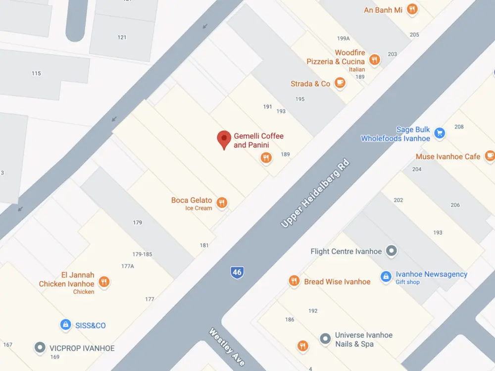 Map showing Gemelli Cafe at 187 Upper Heidelberg Road Ivanhoe